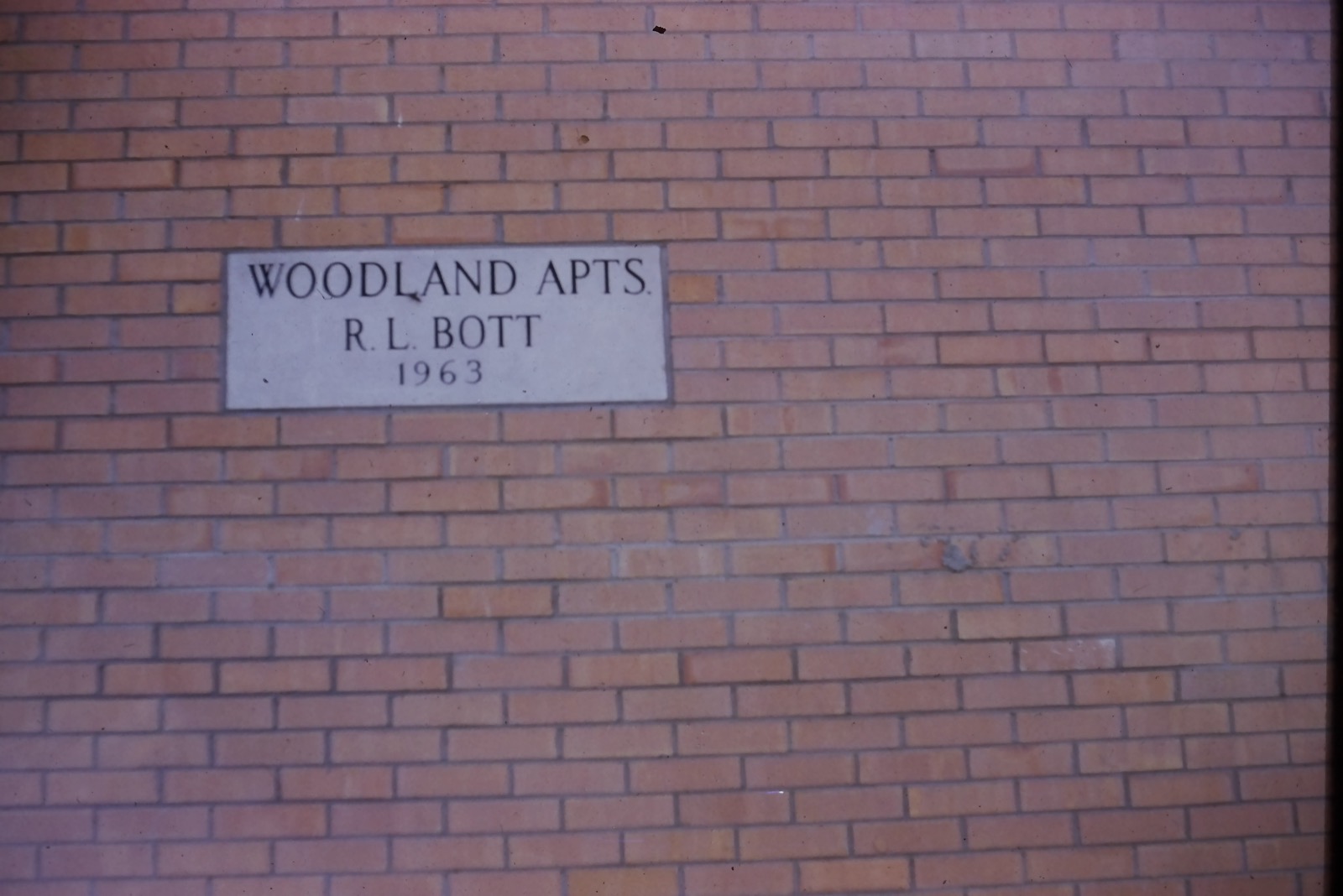 Woodland Apts. R.L. Bott 1963 — the cornerstone plaque